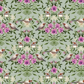 Bright birds and flower botanical intricate damask pattern for wallpaper and fabric on duck egg green, medium scale