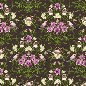 Bright birds and flower botanical intricate Arts and Crafts damask pattern for wallpaper and fabric on midnight plum, medium scale
