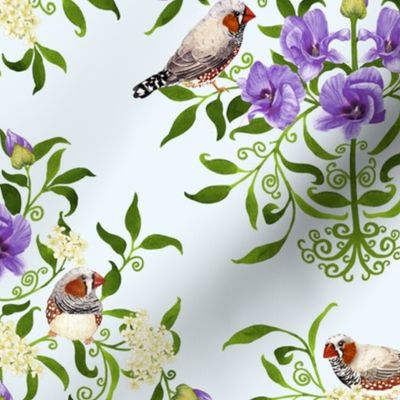 Bright birds and flower botanical intricate damask pattern for wallpaper and fabric on light blue grey, medium scale