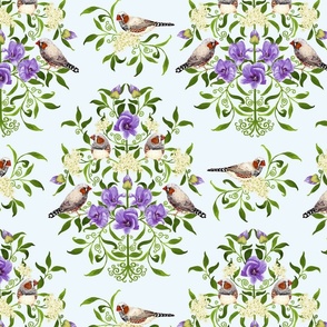 Bright birds and flower botanical intricate damask pattern for wallpaper and fabric on light blue grey, medium scale