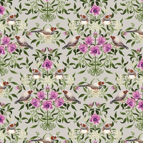 Bright birds and flower botanical intricate Arts and Crafts damask pattern for wallpaper and fabric on soft grey , medium scale