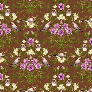 Bright birds and flower botanical intricate damask pattern for wallpaper and fabric on rustic brown, medium scale