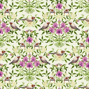 Bright birds and flower botanical intricate damask pattern for wallpaper and fabric on green mist, medium scale