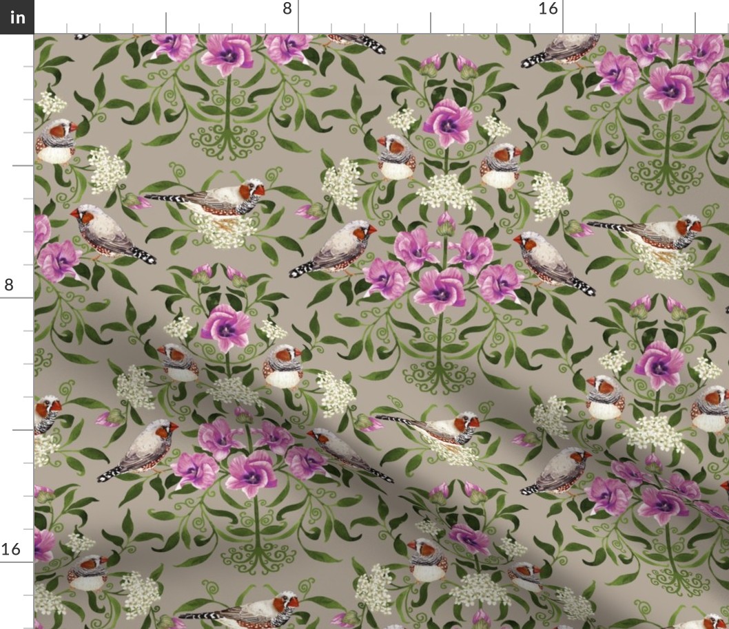 Bright birds and flower botanical intricate Arts and Crafts damask pattern for wallpaper and fabric on Warm grey, medium scale