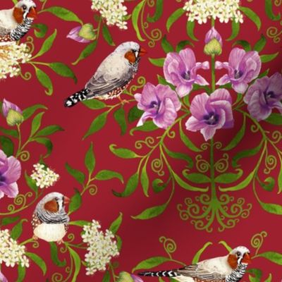 Bright birds and flower botanical intricate Arts and Crafts damask pattern for wallpaper and fabric on red earth, medium scale