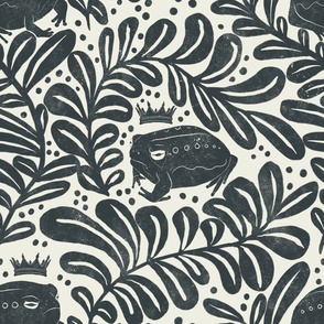 (XL) Folk Art Frog Prince and Fern Leaves Block Print - Regent Green