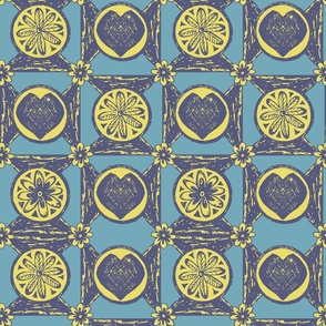 Vintage tin inspired block print, hearts and flowers