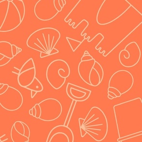 L  - Beach Vacation – Coral Peach – Bright Seaside Fun Tossed Pattern 