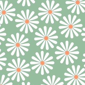 simple happy  daisies flowers green white orange - large