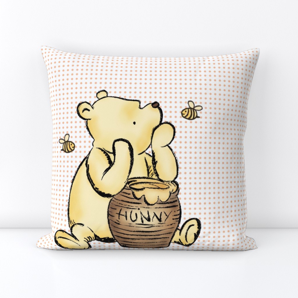 18x18 Panel Classic Pooh and Hunny Pot on Peach Fuzz for DIY Throw Pillow Cushion Cover or Lovey