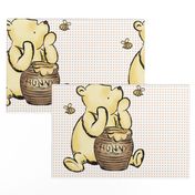 18x18 Panel Classic Pooh and Hunny Pot on Peach Fuzz for DIY Throw Pillow Cushion Cover or Lovey
