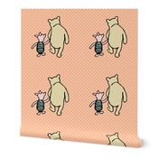 18x18 Panel Classic Winnie the Pooh and Piglet on Peach Fuzz with Polkadots for DIY Throw Pillow or Lovey