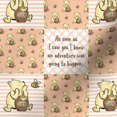 Smaller Patchwork 3 Inch Squares Classic Pooh in Peach Fuzz with Storybook Quotes for Cheater Quilt or Blanket