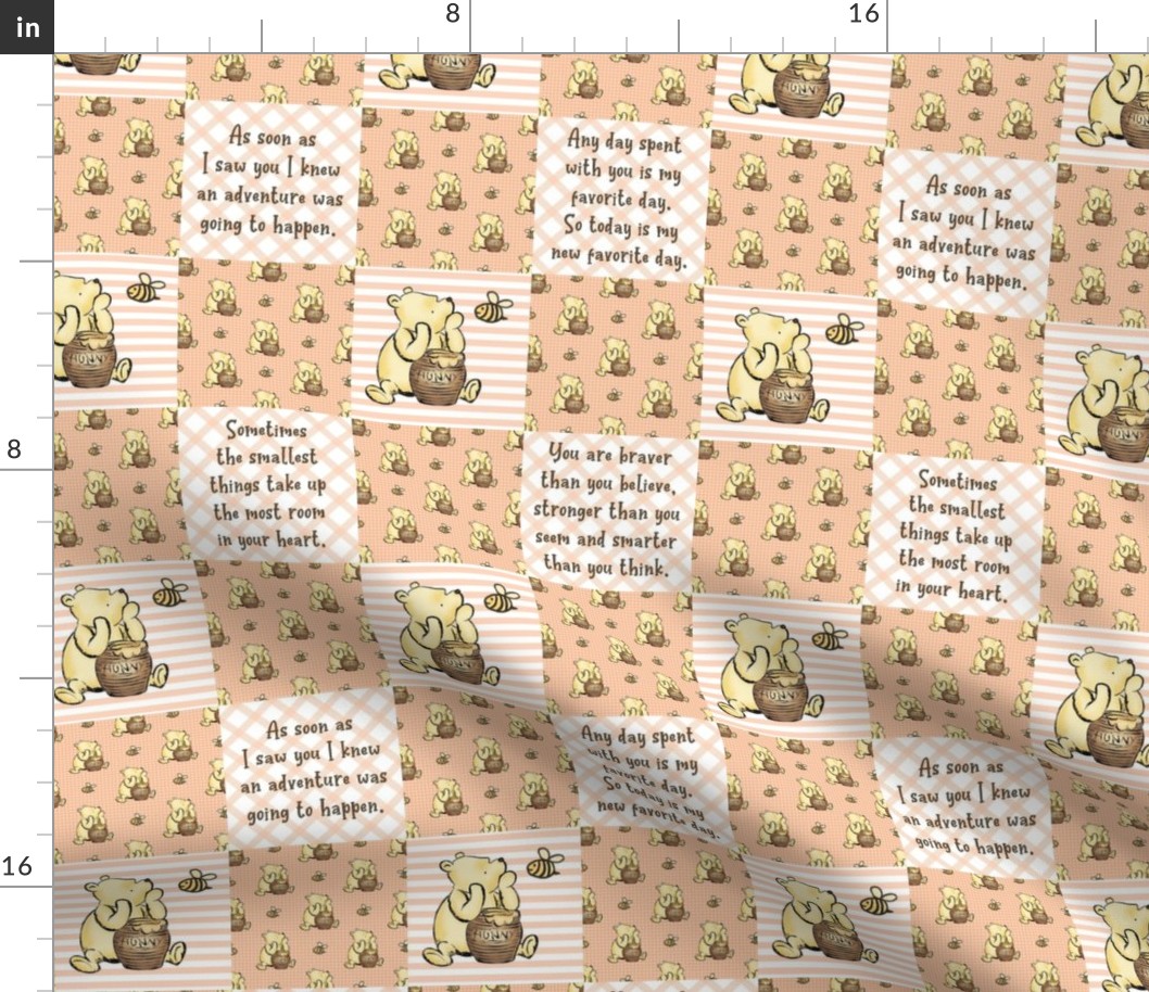 Smaller Patchwork 3 Inch Squares Classic Pooh in Peach Fuzz with Storybook Quotes for Cheater Quilt or Blanket