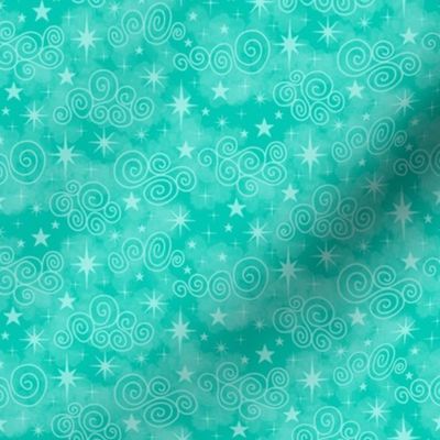 S - Aqua Blue Stars & Clouds - Bright Aquamarine Green Twinkle Sky