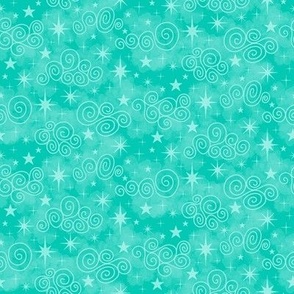 S - Aqua Blue Stars & Clouds - Bright Aquamarine Green Twinkle Sky