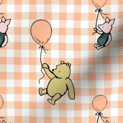Bigger Scale Classic Pooh and Piglet with Balloons on Peach Fuzz Gingham Checker