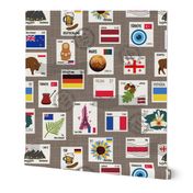 Countries postal stamps on textured beige. Travel adventure