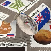 Countries postal stamps on textured beige. Travel adventure