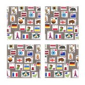 Countries postal stamps on textured beige. Travel adventure