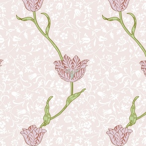 William Morris Tulip Vine Medway on Blush Pink with white floral background