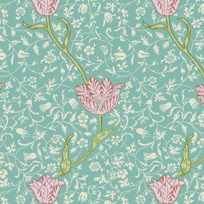 William Morris Tulip Vine Medway on Teal with cream floral background