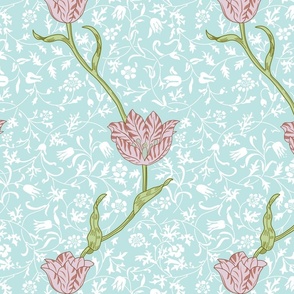 William Morris Tulip Vine Medway on Aqua with white floral background