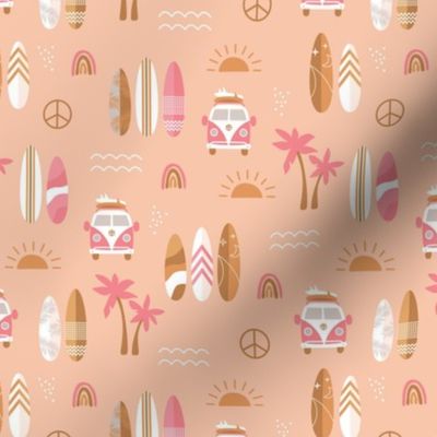 Little camper van and surf boards summer surf trip boho vacation palm trees sunshine and waves orange ochre golden pink on peach fuzz color of the year SMALL