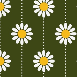 White Daisies with Dotted Stripes on Dark Green - Extra Large