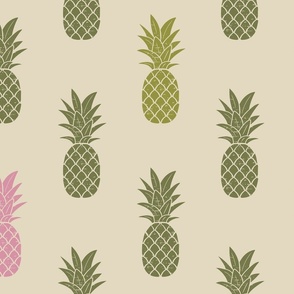 Block Print Inspired Pineapple in Olive & Pink Medium Scale