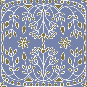(L) Crown Flowers Damask Ornamental Filigree Blue, White and Gold