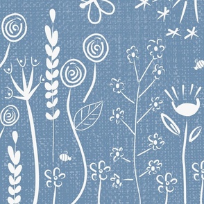 Wildflower Block Print Blue and White with Texture Quilt Block Cut and Sew