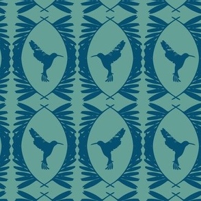 Vintage Bird Pattern - Teal Green and Blue