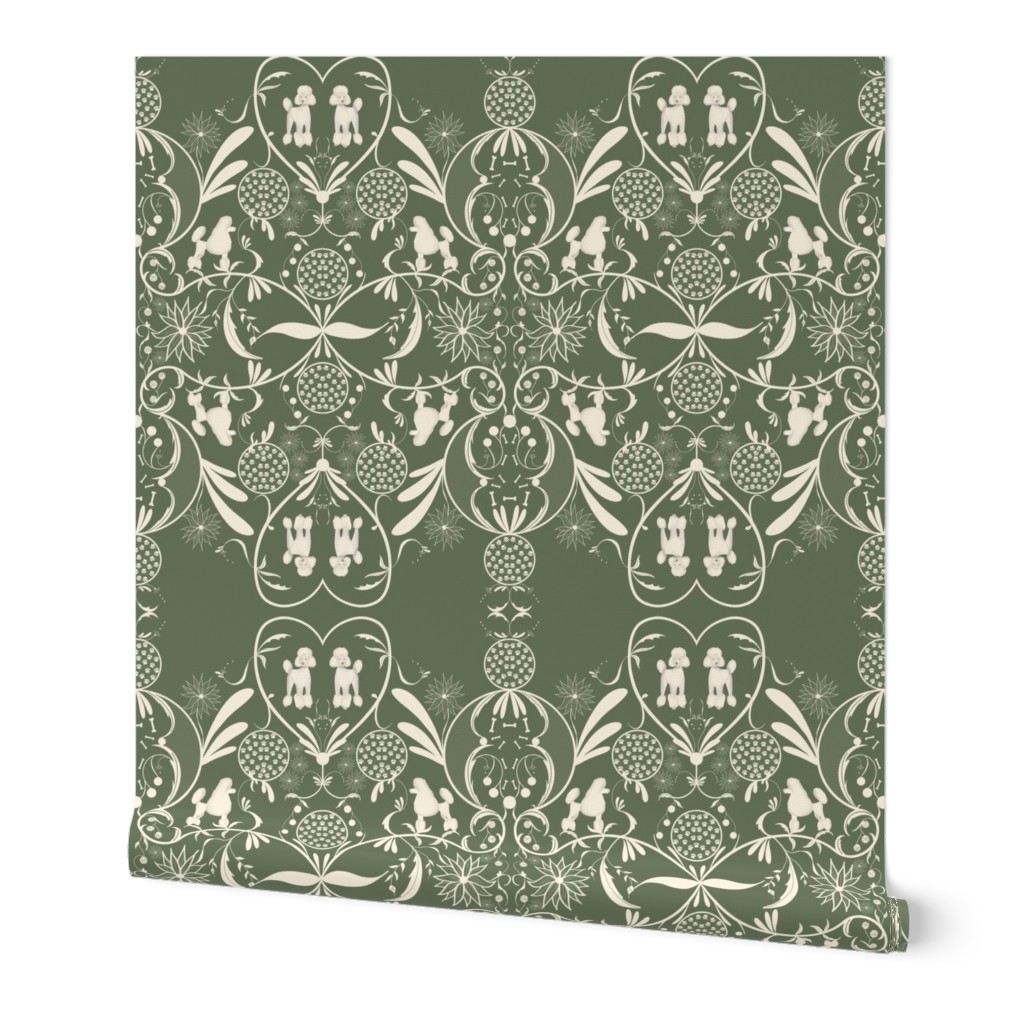 Olive green silver poodle damask