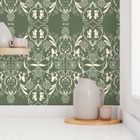 Olive green silver poodle damask