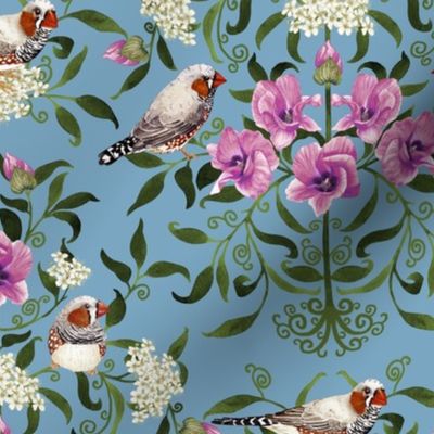 Bright birds and flower botanical intricate Arts and Crafts damask pattern for wallpaper and fabric on French blue, medium scale