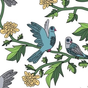 Block Print Doves and Flowering Vines in Turquoise Blue and Peach on White