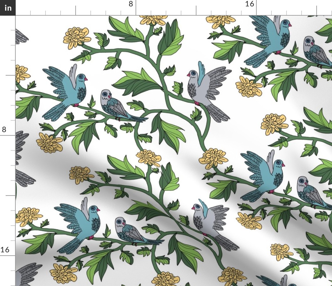 Block Print Doves and Flowering Vines in Turquoise Blue and Peach on White