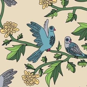 Block Print Doves and Flowering Vines in Turquoise Blue and Peach on Beige