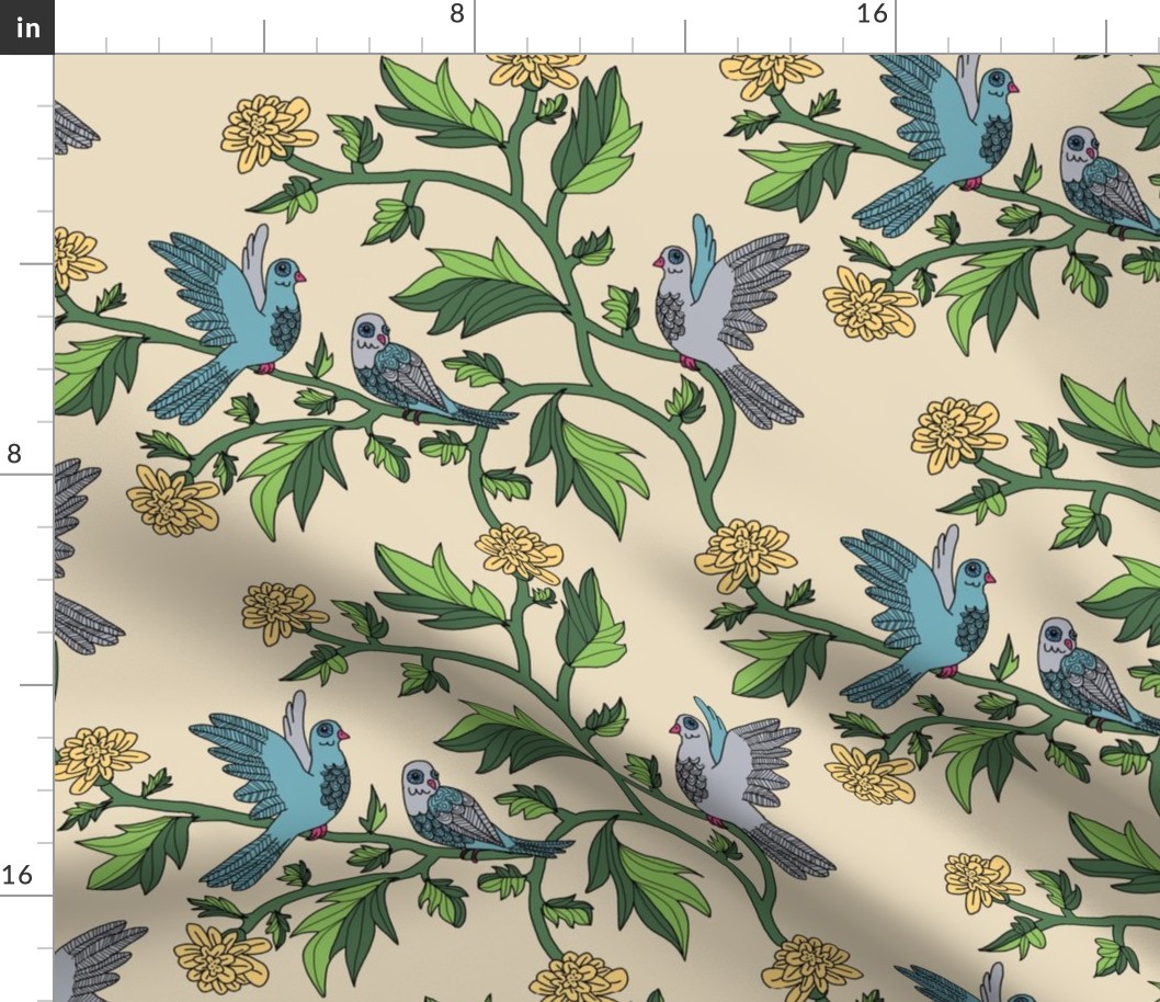 Block Print Doves and Flowering Vines in Turquoise Blue and Peach on Beige