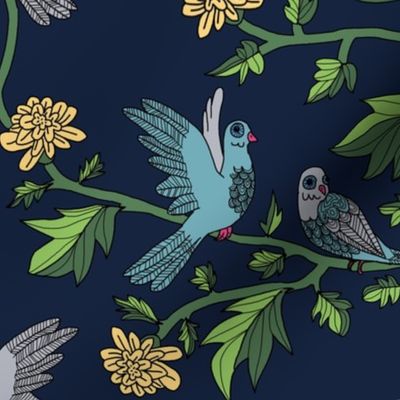 Block Print Doves and Flowering Vines in Turquoise Blue and Peach on Darkest Blue