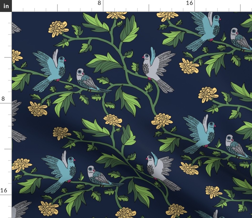 Block Print Doves and Flowering Vines in Turquoise Blue and Peach on Darkest Blue