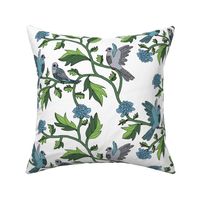 Block Print Doves and Flowering Vines in Turquoise Blue on White