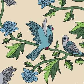 Block Print Doves and Flowering Vines in Turquoise Blue on Beige