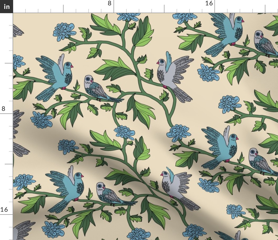 Block Print Doves and Flowering Vines in Turquoise Blue on Beige