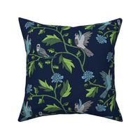 Block Print Doves and Flowering Vines in Turquoise Blue on Darkest Blue