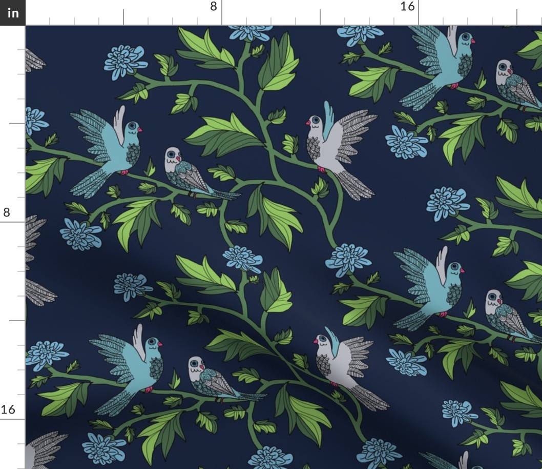 Block Print Doves and Flowering Vines in Turquoise Blue on Darkest Blue