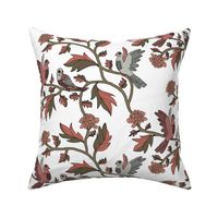 Block Print Doves and Flowering Vines in Dusty Rose on White