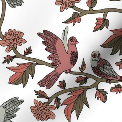 Block Print Doves and Flowering Vines in Dusty Rose on White