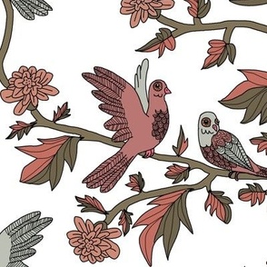 Block Print Doves and Flowering Vines in Dusty Rose on White